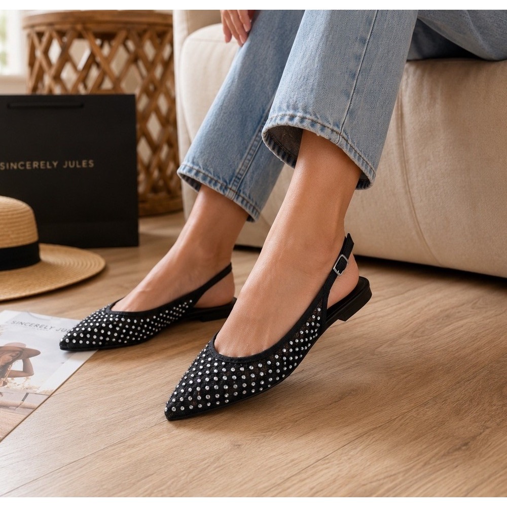 Sincerely Jules Lark Womens 7 Black Mesh Rhinestone Pointed Toe Slingback Flats